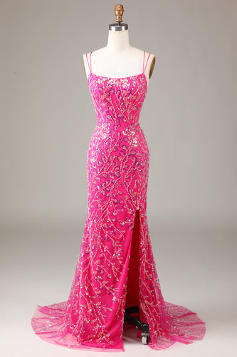 Fuchsia Spaghetti Straps Appliqued Long Prom Dress With Slit