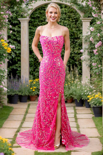 Fuchsia Long Appliqued Prom Dress With Slit