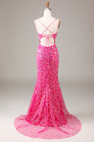 Load image into Gallery viewer, Fuchsia Long Appliqued Prom Dress With Slit