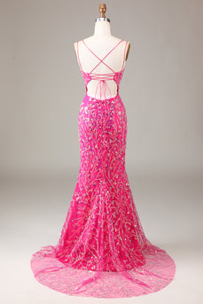 Fuchsia Spaghetti Straps Appliqued Long Prom Dress With Slit