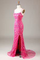 Load image into Gallery viewer, Fuchsia Spaghetti Straps Appliqued Long Prom Dress With Slit