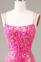 Load image into Gallery viewer, Fuchsia Spaghetti Straps Appliqued Long Prom Dress With Slit