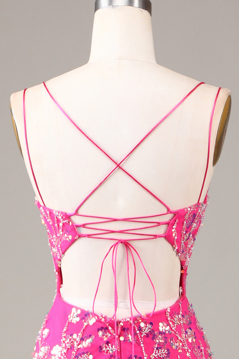 Load image into Gallery viewer, Fuchsia Spaghetti Straps Appliqued Long Prom Dress With Slit