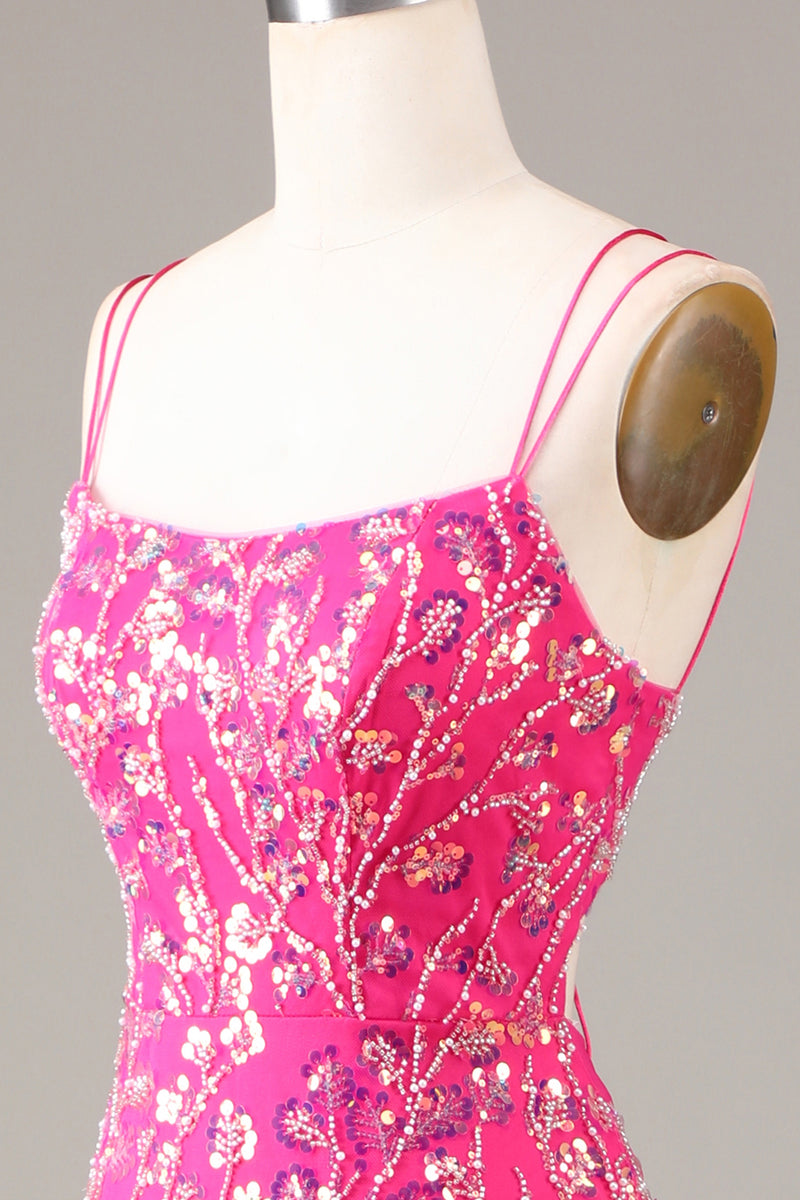 Load image into Gallery viewer, Fuchsia Spaghetti Straps Appliqued Long Prom Dress With Slit