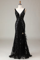 Load image into Gallery viewer, Black Mermaid Sequins Long Prom Dress With Feather