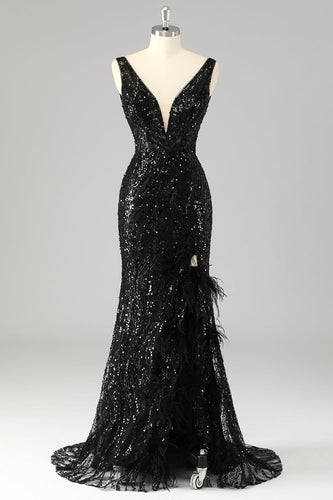 Sparkly Sequin Mermaid V-Neck Long Prom Dress with Feathers