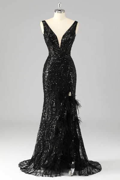 Sparkly Sequin Mermaid V-Neck Long Prom Dress with Feathers