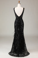 Load image into Gallery viewer, Black Mermaid Sequins Long Prom Dress With Feather