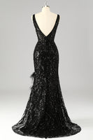 Load image into Gallery viewer, Sparkly Sequin Mermaid V-Neck Long Prom Dress with Feathers