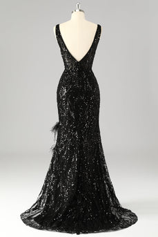 Sparkly Sequin Mermaid V-Neck Long Prom Dress with Feathers