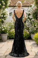 Load image into Gallery viewer, Black Mermaid Sequins Long Feathered Prom Dress