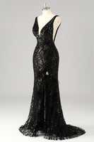 Load image into Gallery viewer, Sparkly Sequin Mermaid V-Neck Long Prom Dress with Feathers
