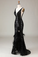 Load image into Gallery viewer, Black Mermaid Sequins Long Prom Dress With Feather