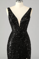 Load image into Gallery viewer, Sparkly Sequin Mermaid V-Neck Long Prom Dress with Feathers