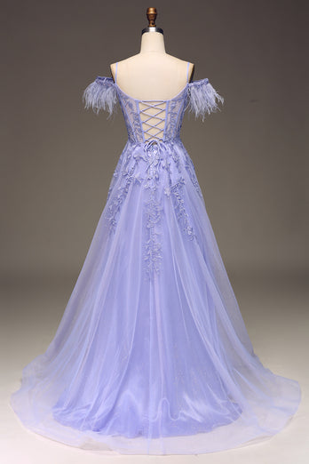 A Line Lilac Long Corset Appliqued Prom Dress With Feather