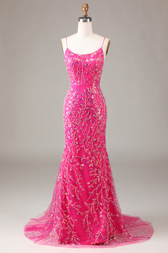 Sparkly  Fuchsia Beaded Long Prom Dress With Appliques