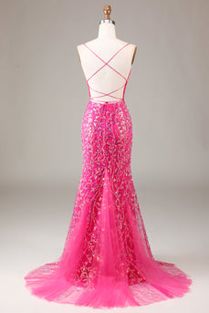 Sparkly Fuchsia Long Appliqued Beaded Prom Dress
