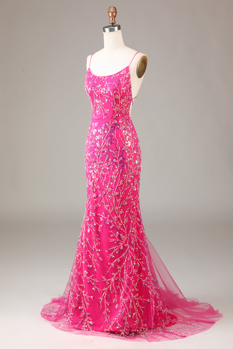 Load image into Gallery viewer, Sparkly  Fuchsia Beaded Long Prom Dress With Appliques