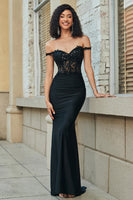 Load image into Gallery viewer, Black Mermaid Corset Long Appliqued Prom Dress