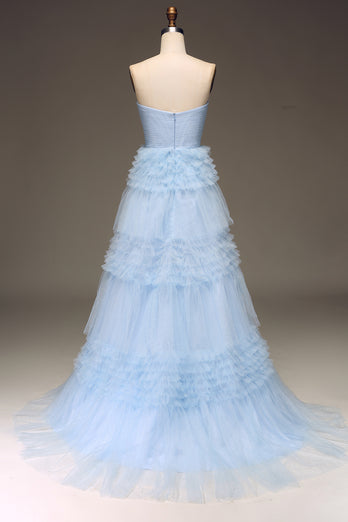 Light Blue A Line Long Tiered Prom Dress