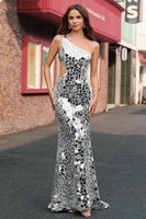 Load image into Gallery viewer, Sparkly Silver Mirror Sequins One Shoulder Prom Dress with Hollow-out