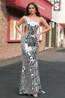 Load image into Gallery viewer, Sparkly Silver Mirror Sequins One Shoulder Prom Dress with Hollow-out