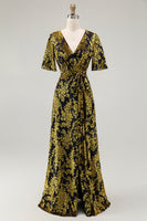 Load image into Gallery viewer, Floral Blue A-Line Velvet V-Neck Long Bridesmaid Dress with Sleeves