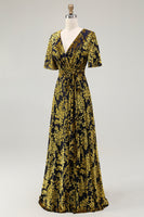 Load image into Gallery viewer, Floral Blue A-Line Velvet V-Neck Long Bridesmaid Dress with Sleeves