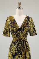 Load image into Gallery viewer, Floral Blue A-Line Velvet V-Neck Long Bridesmaid Dress with Sleeves