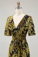 Load image into Gallery viewer, Floral Blue A-Line Velvet V-Neck Long Bridesmaid Dress with Sleeves