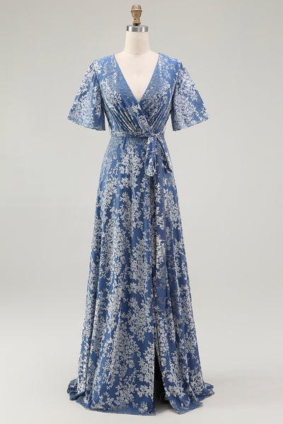 Floral Blue A-Line Velvet V-Neck Long Bridesmaid Dress with Sleeves