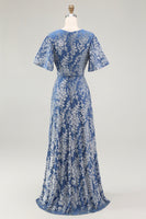 Load image into Gallery viewer, Floral Blue A-Line Velvet V-Neck Long Bridesmaid Dress with Sleeves