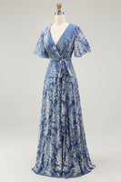 Load image into Gallery viewer, Floral Blue A-Line Velvet V-Neck Long Bridesmaid Dress with Sleeves