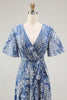 Load image into Gallery viewer, Floral Blue A-Line Velvet V-Neck Long Bridesmaid Dress with Sleeves