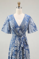 Load image into Gallery viewer, Floral Blue A-Line Velvet V-Neck Long Bridesmaid Dress with Sleeves