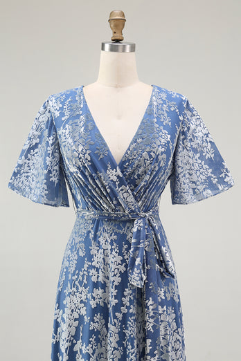 Floral Blue A-Line Velvet V-Neck Long Bridesmaid Dress with Sleeves