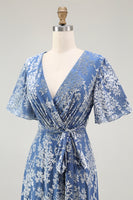 Load image into Gallery viewer, Floral Blue A-Line Velvet V-Neck Long Bridesmaid Dress with Sleeves