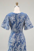 Load image into Gallery viewer, Floral Blue A-Line Velvet V-Neck Long Bridesmaid Dress with Sleeves