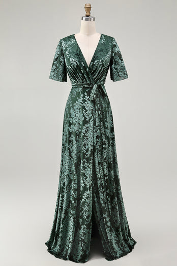 Floral Blue A-Line Velvet V-Neck Long Bridesmaid Dress with Sleeves