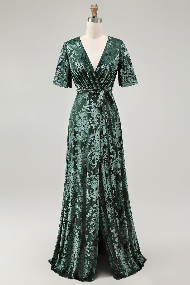 Load image into Gallery viewer, Floral Blue A-Line Velvet V-Neck Long Bridesmaid Dress with Sleeves