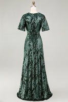Load image into Gallery viewer, Floral Blue A-Line Velvet V-Neck Long Bridesmaid Dress with Sleeves