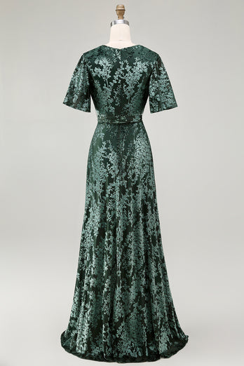 Floral Blue A-Line Velvet V-Neck Long Bridesmaid Dress with Sleeves