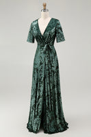 Load image into Gallery viewer, Floral Blue A-Line Velvet V-Neck Long Bridesmaid Dress with Sleeves