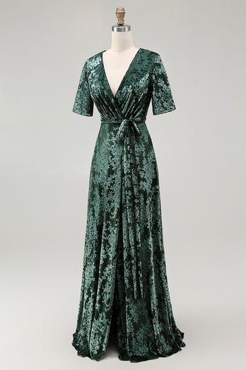 Floral Blue A-Line Velvet V-Neck Long Bridesmaid Dress with Sleeves