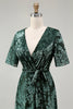 Load image into Gallery viewer, Floral Blue A-Line Velvet V-Neck Long Bridesmaid Dress with Sleeves