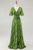Load image into Gallery viewer, Floral Blue A-Line Velvet V-Neck Long Bridesmaid Dress with Sleeves