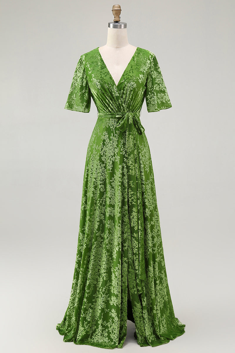 Load image into Gallery viewer, Floral Blue A-Line Velvet V-Neck Long Bridesmaid Dress with Sleeves