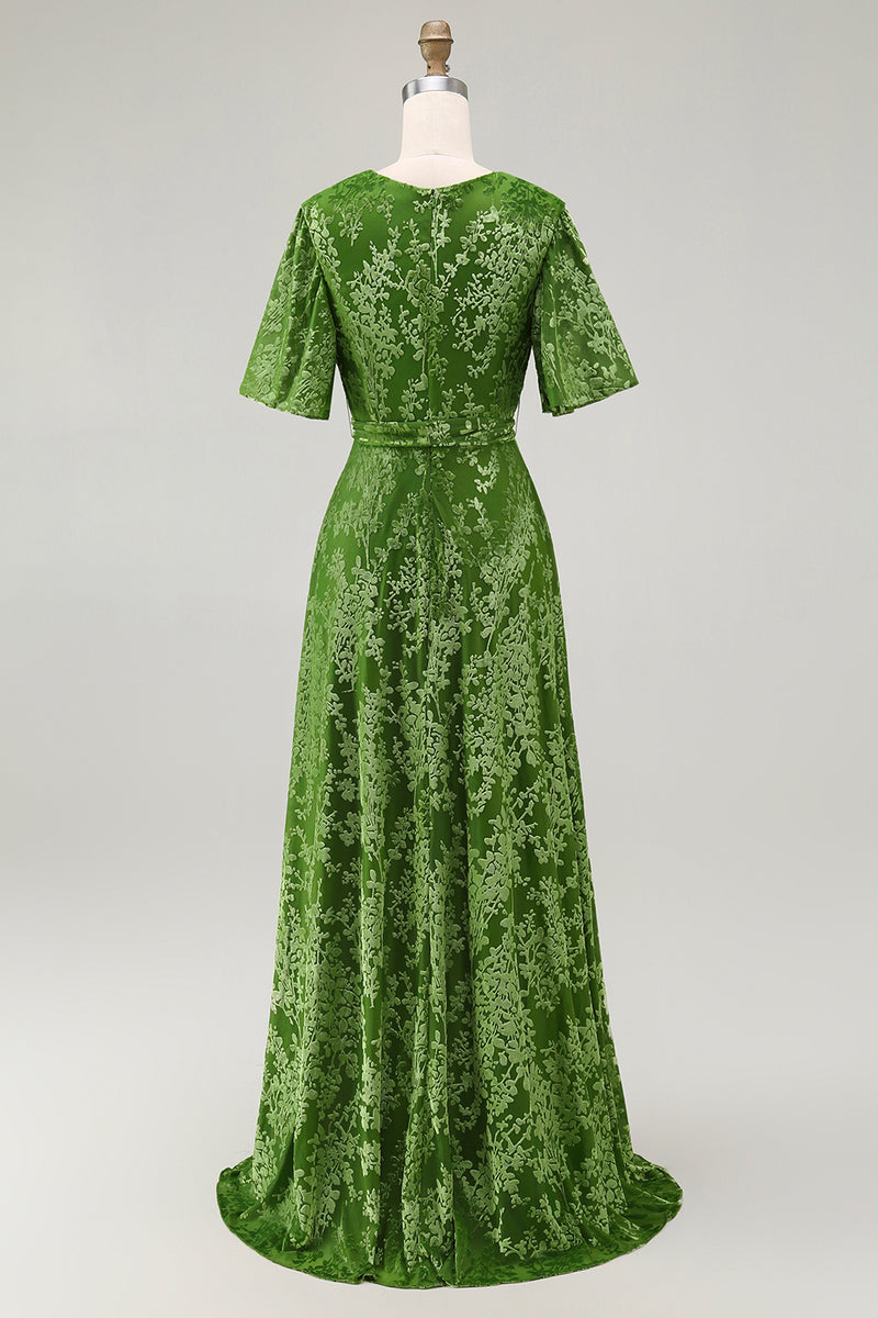 Load image into Gallery viewer, Floral Blue A-Line Velvet V-Neck Long Bridesmaid Dress with Sleeves