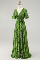 Load image into Gallery viewer, Floral Blue A-Line Velvet V-Neck Long Bridesmaid Dress with Sleeves