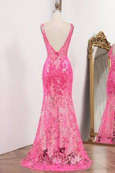 Glitter Fuchsia Mermaid Long Prom Dress With Sequined Appliques